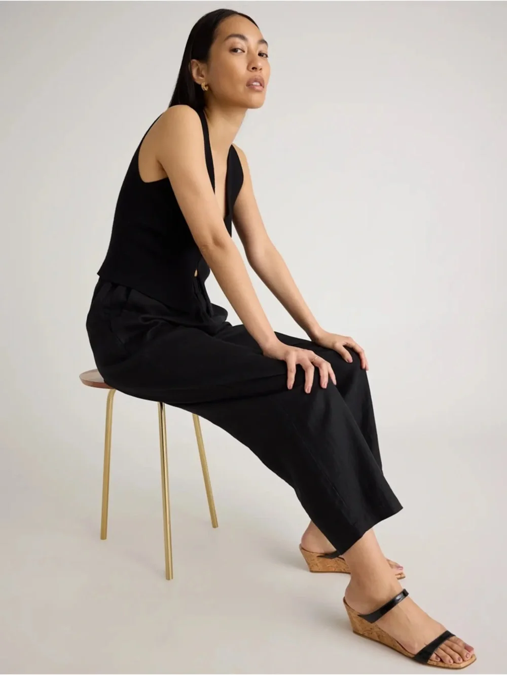 Quince European Linen Black Cropped  Pull-On Pants ankle length
